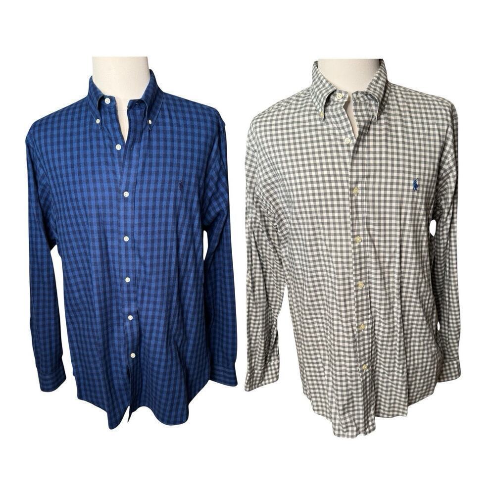 Ralph Lauren 2 Gingham Button Down Shirts Blue Gray XL